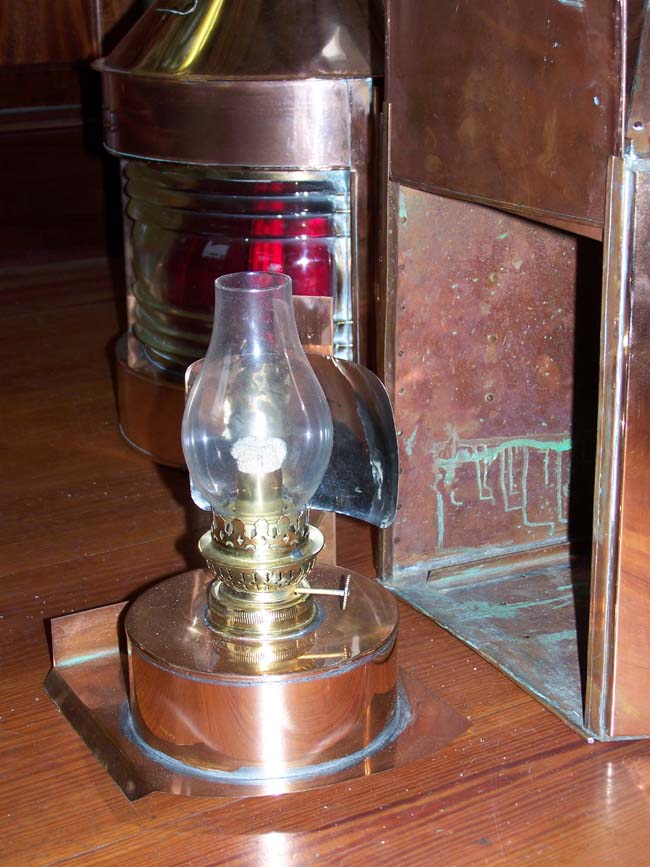 A Large Pair of World War II Era Merchant Marine Brass Mounted Copper Port and Starboard Running Lamps. — image 3